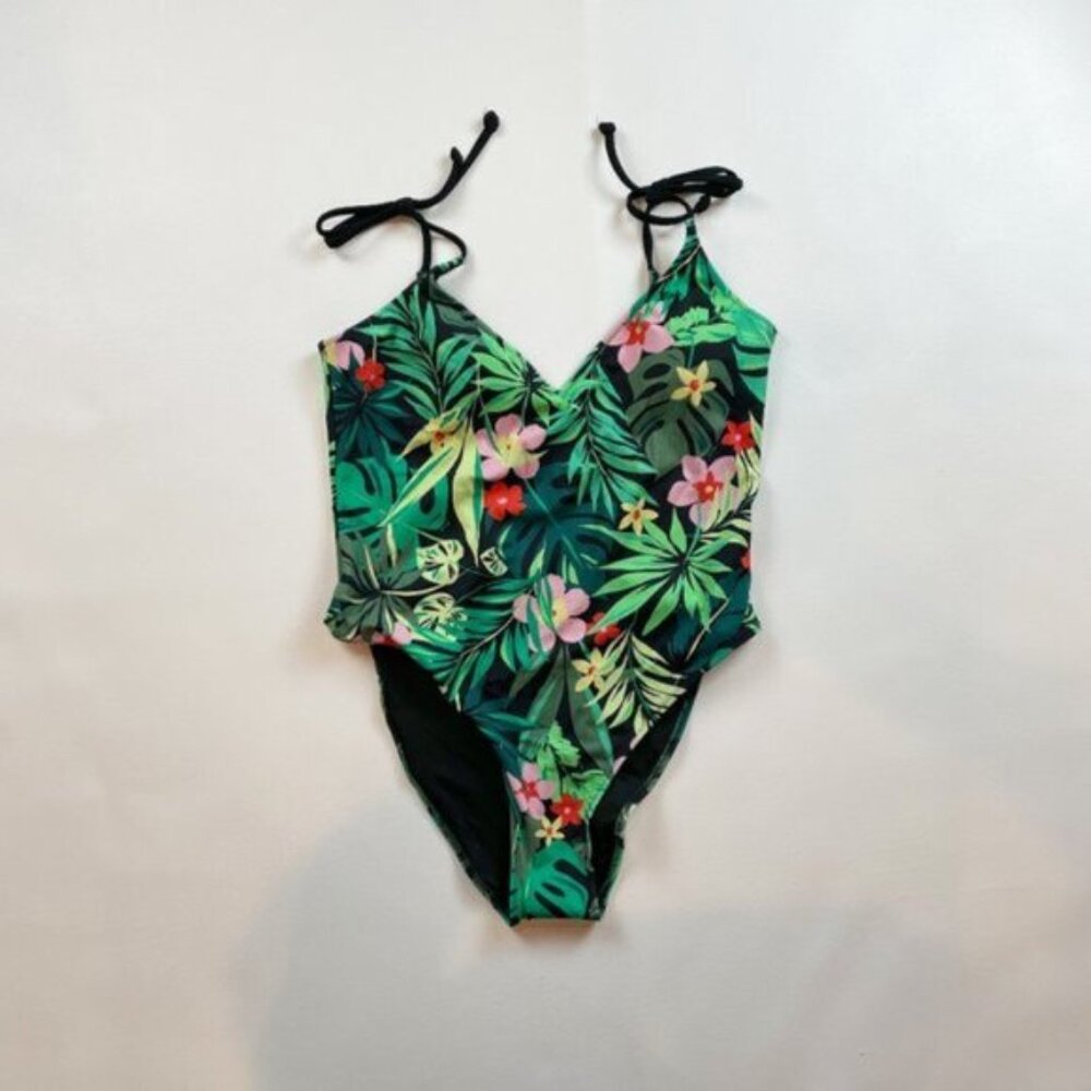 NWOT Victoria's Secret PINK Swimsuit M One Piece Tropical Tie Straps B1300